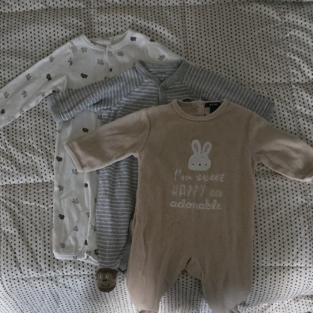 Set Of 3 - Adorable Beige, White, and Gray Kids One Piece Set